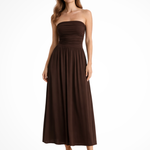 Women's Strapless Pleated Maxi Dress with Ruched Bodice – Brown Summer Occasion Dress