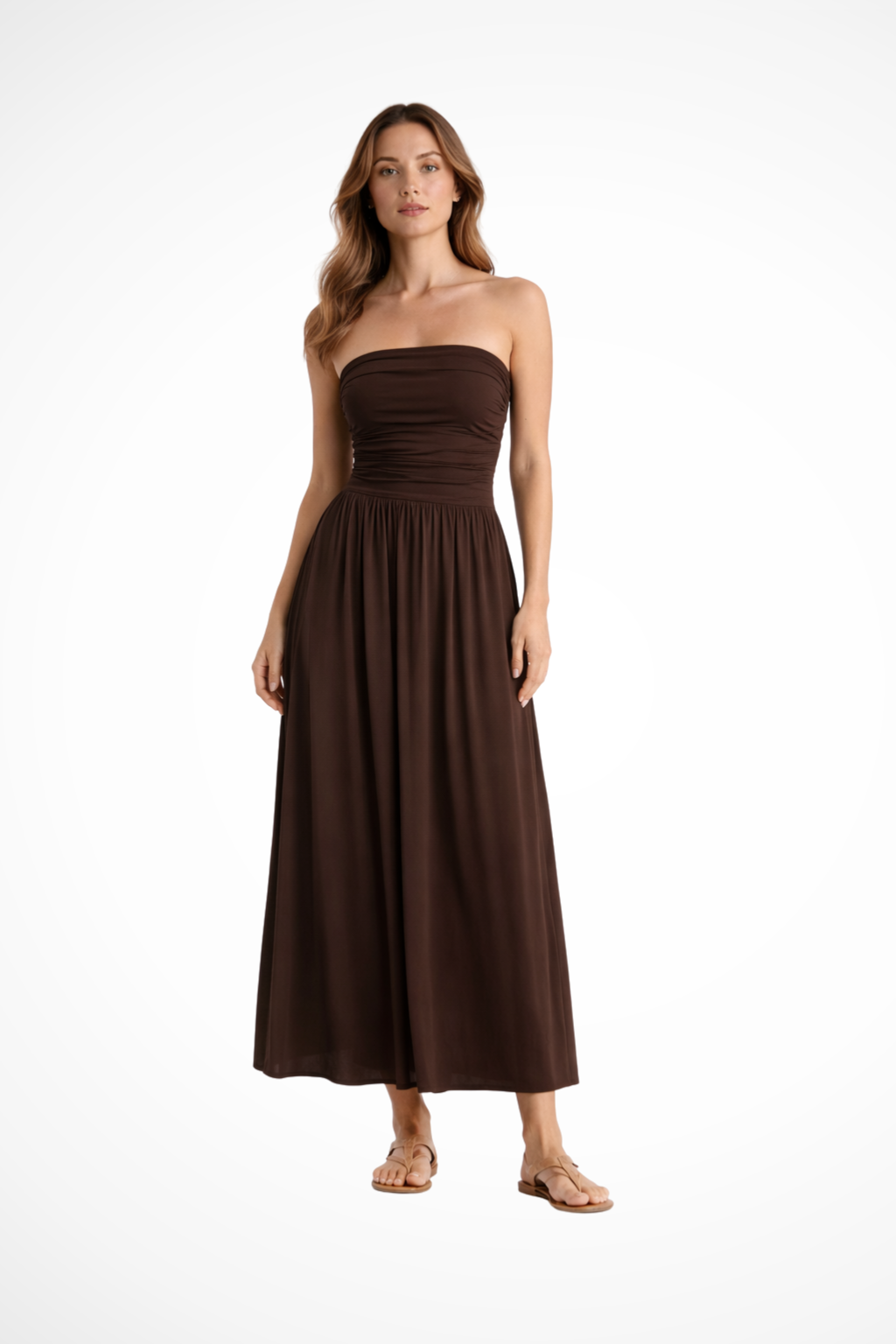 Women's Strapless Pleated Maxi Dress with Ruched Bodice – Brown Summer Occasion Dress