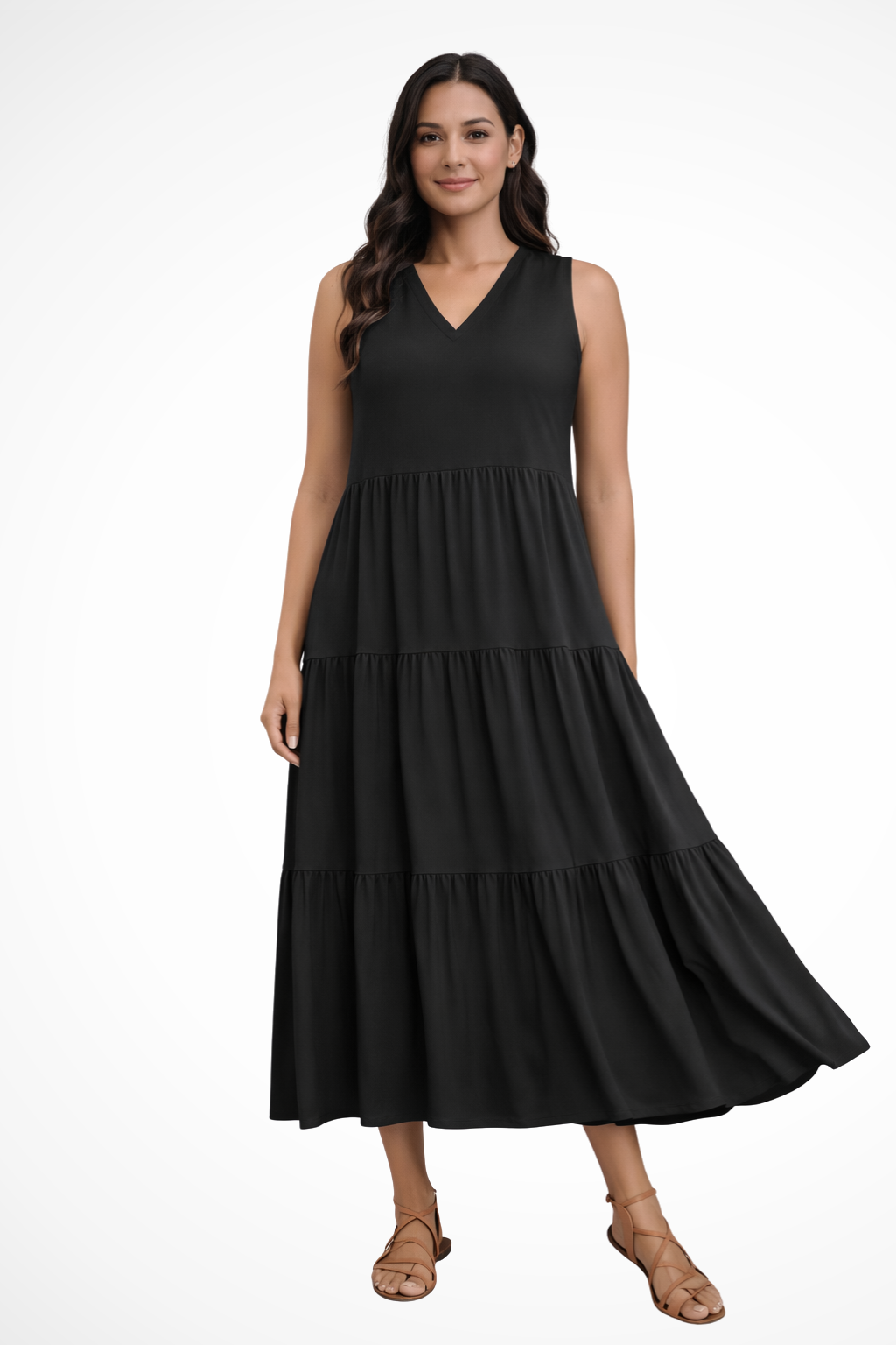 Women's Sleeveless V-Neck Tiered Maxi Dress – Relaxed Flowing Summer Dress