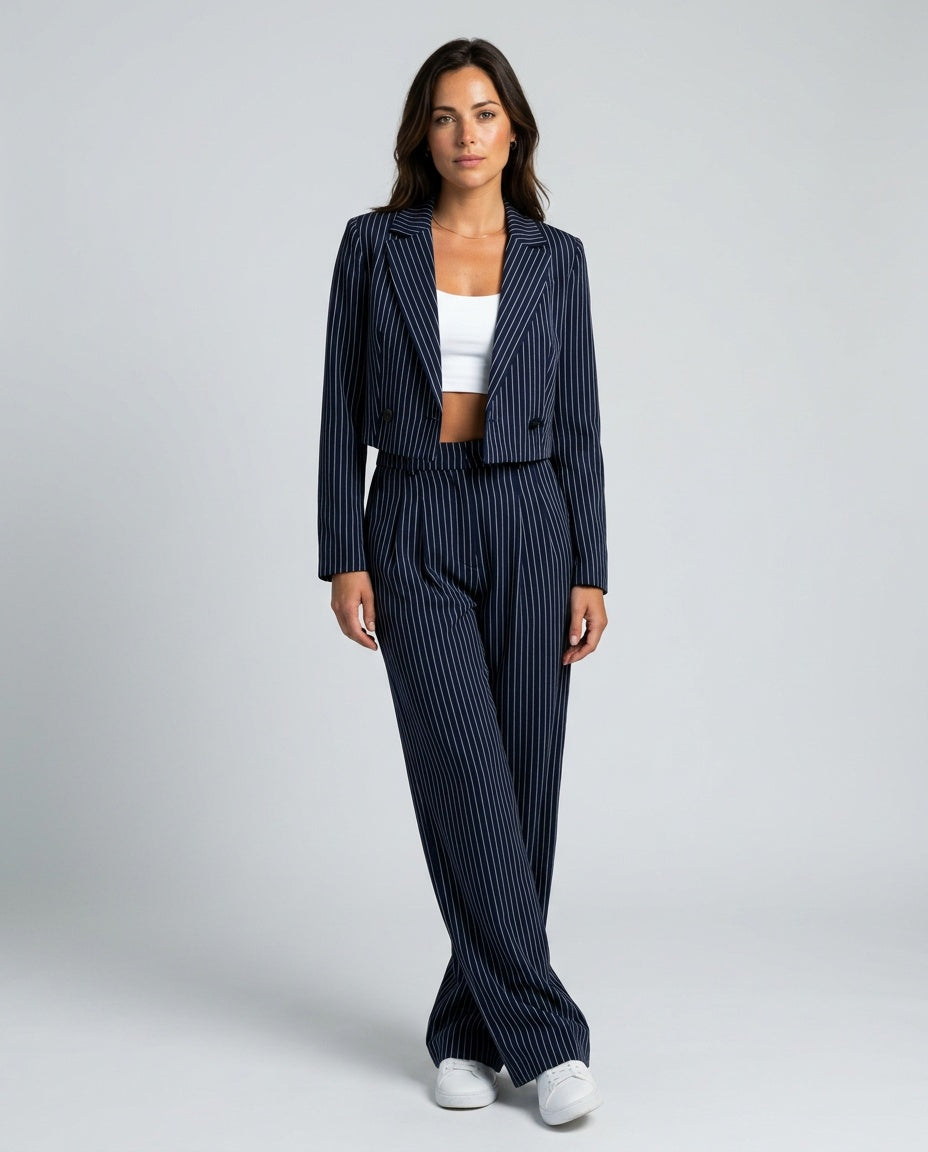 Women's Pinstripe Blazer & Wide Leg Pants Co-ord Set – Tailored Two-Piece Suit