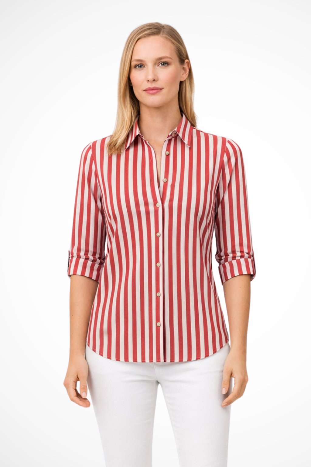 Women's Slim Fit Striped Shirt with Long Sleeves – Button Front Collared Work Blouse