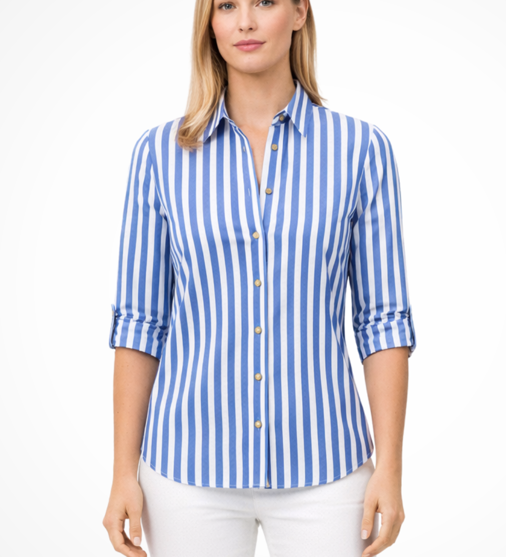 Women's Slim Fit Striped Shirt with Long Sleeves – Button Front Collared Work Blouse