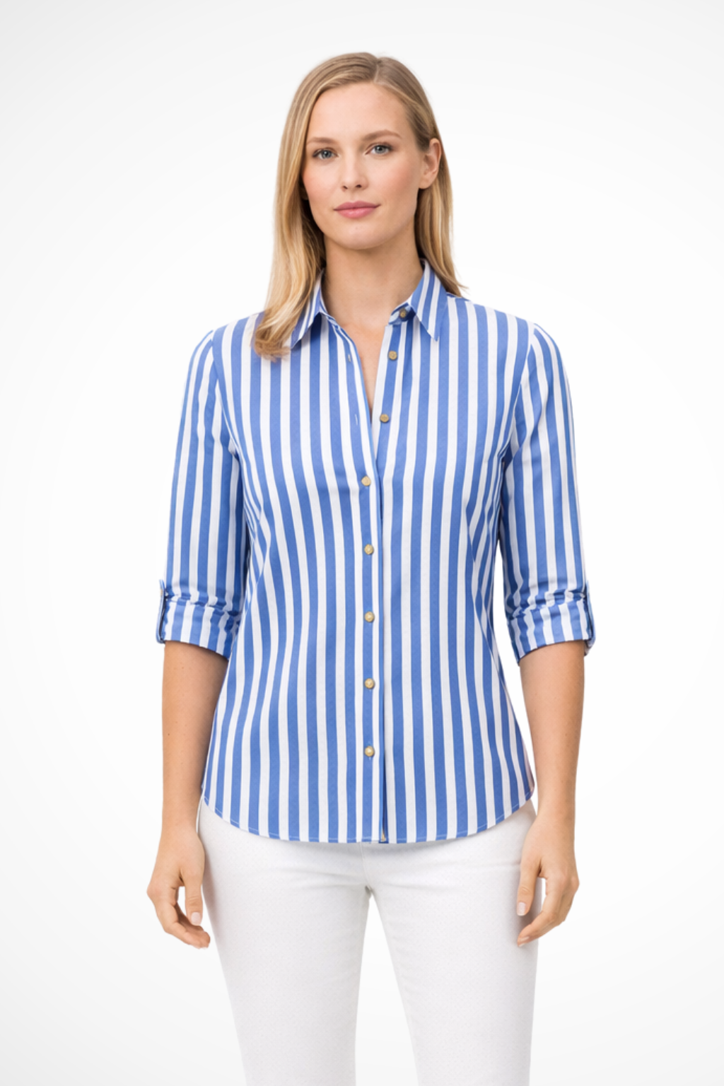Women's Slim Fit Striped Shirt with Long Sleeves – Button Front Collared Work Blouse
