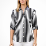 Women's Slim Fit Striped Shirt with Long Sleeves – Button Front Collared Work Blouse