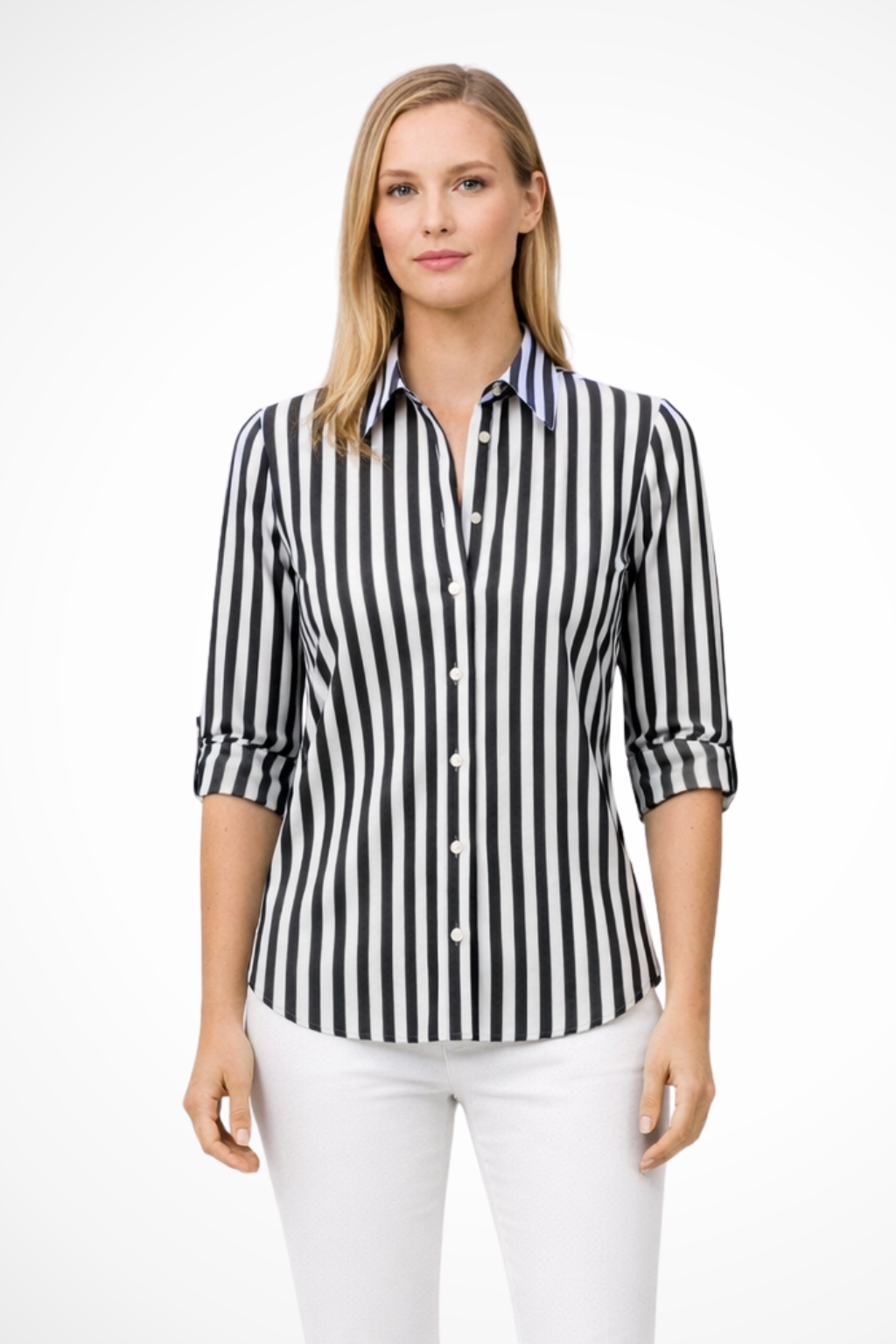 Women's Slim Fit Striped Shirt with Long Sleeves – Button Front Collared Work Blouse