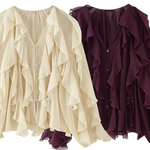 Women's Ruffled V-Neck Long Sleeve Blouse with Button Front – Statement Occasion Top