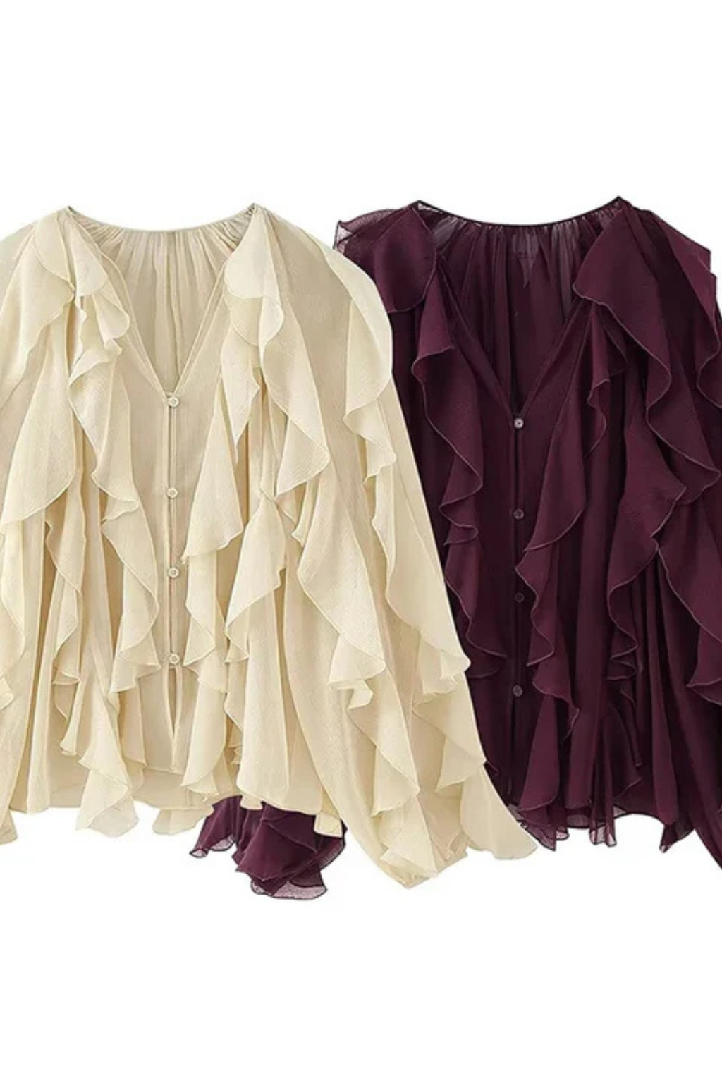 Women's Ruffled V-Neck Long Sleeve Blouse with Button Front – Statement Occasion Top
