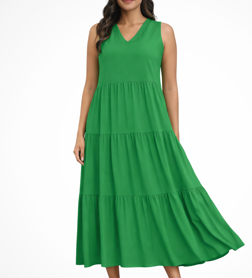Women's Sleeveless V-Neck Tiered Maxi Dress – Relaxed Flowing Summer Dress