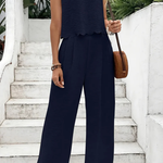 Women's Textured Scallop Hem Tie Back Top and Wide Leg Pants Set – Sleeveless Co-ord