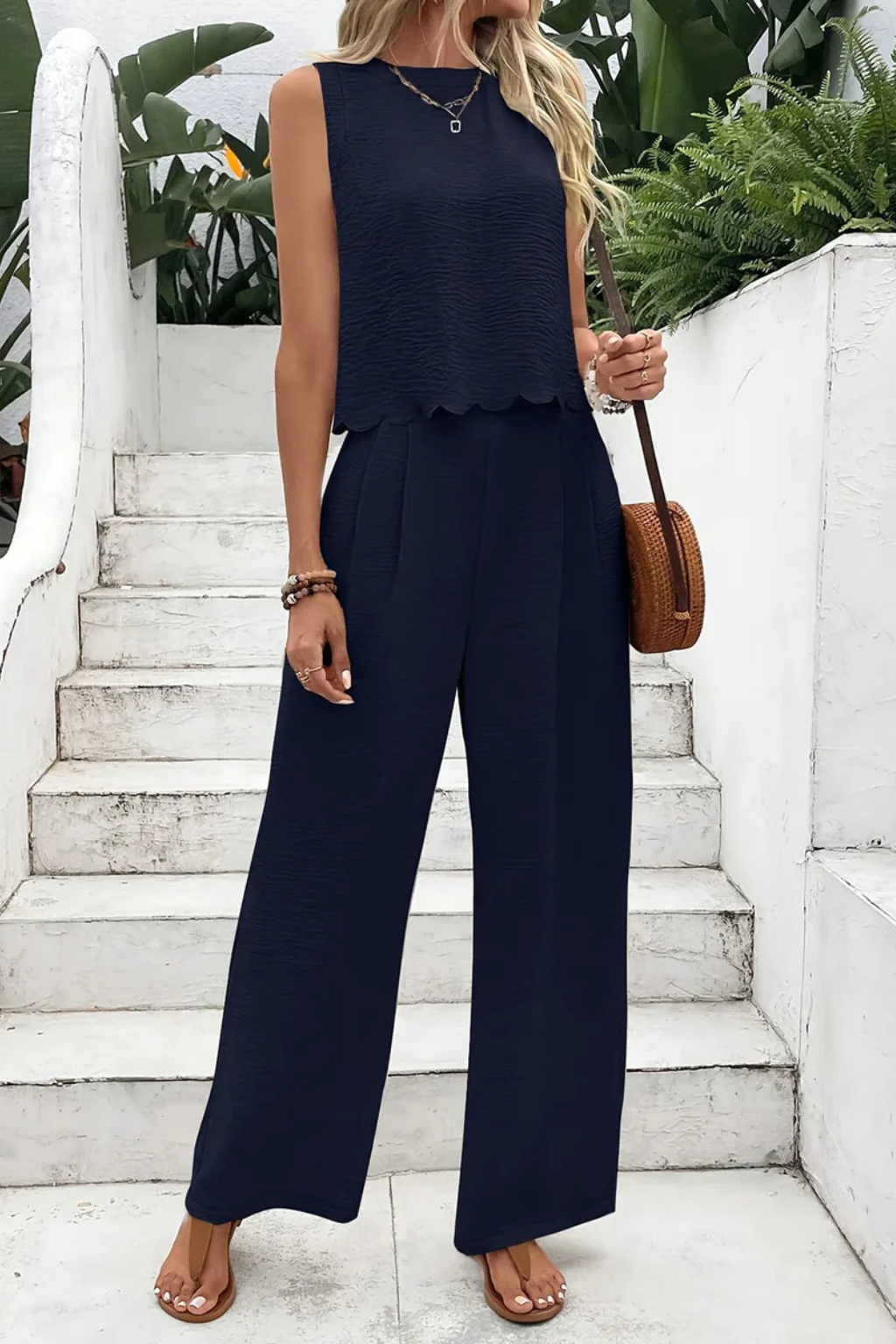 Women's Textured Scallop Hem Tie Back Top and Wide Leg Pants Set – Sleeveless Co-ord