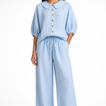 Women's Linen Co-Ord Set with Peter Pan Collar Blouse & Wide Leg Pants – Two-Piece Outfit