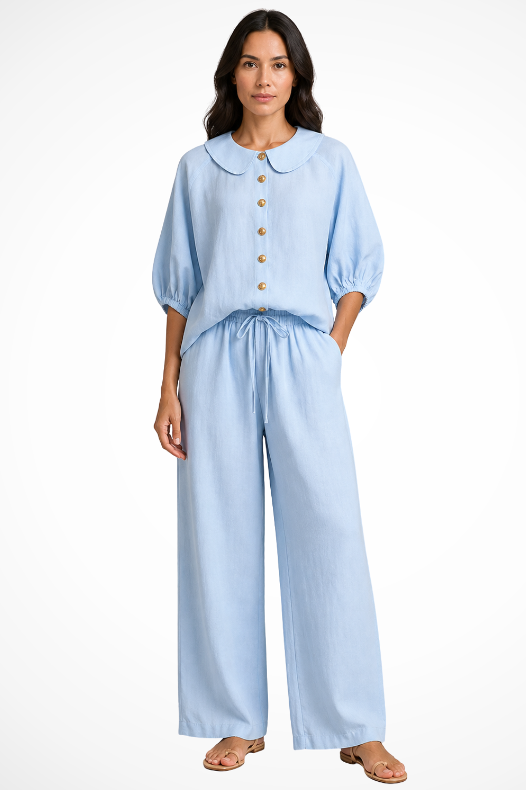 Women's Linen Co-Ord Set with Peter Pan Collar Blouse & Wide Leg Pants – Two-Piece Outfit