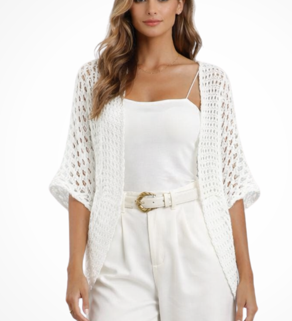 Women's Short Sleeve Crochet Cardigan – Open-Front Cropped Summer Cover-Up