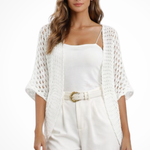 Women's Short Sleeve Crochet Cardigan – Open-Front Cropped Summer Cover-Up