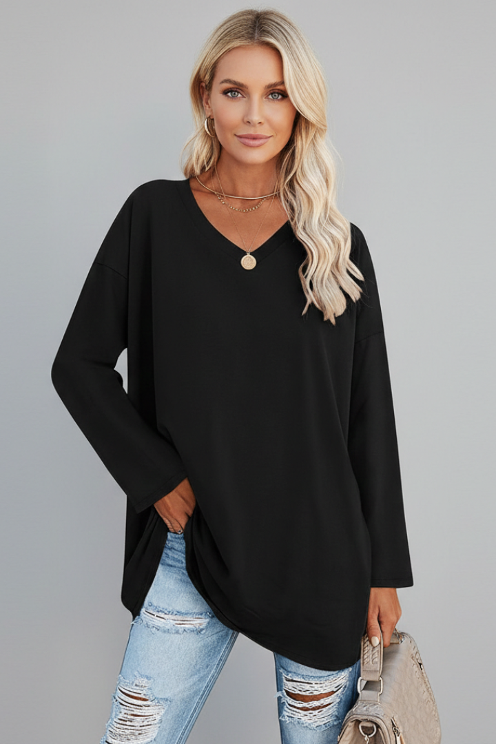 Women's V Neck Long Sleeve Top – Loose Fit Pull-On Everyday Top for Work & Weekend