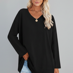 Women's V Neck Long Sleeve Top – Loose Fit Pull-On Everyday Top for Work & Weekend