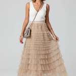 Women's Layered Tulle Tiered Midi Skirt – High Waist Flared Skirt for Occasions