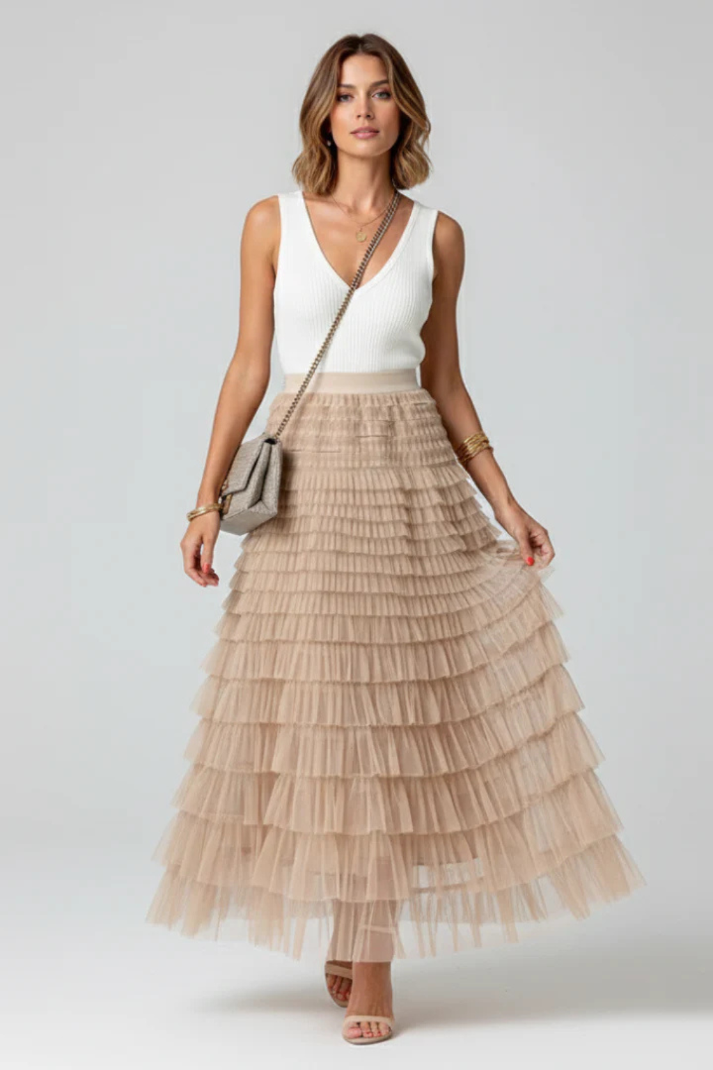 Women's Layered Tulle Tiered Midi Skirt – High Waist Flared Skirt for Occasions