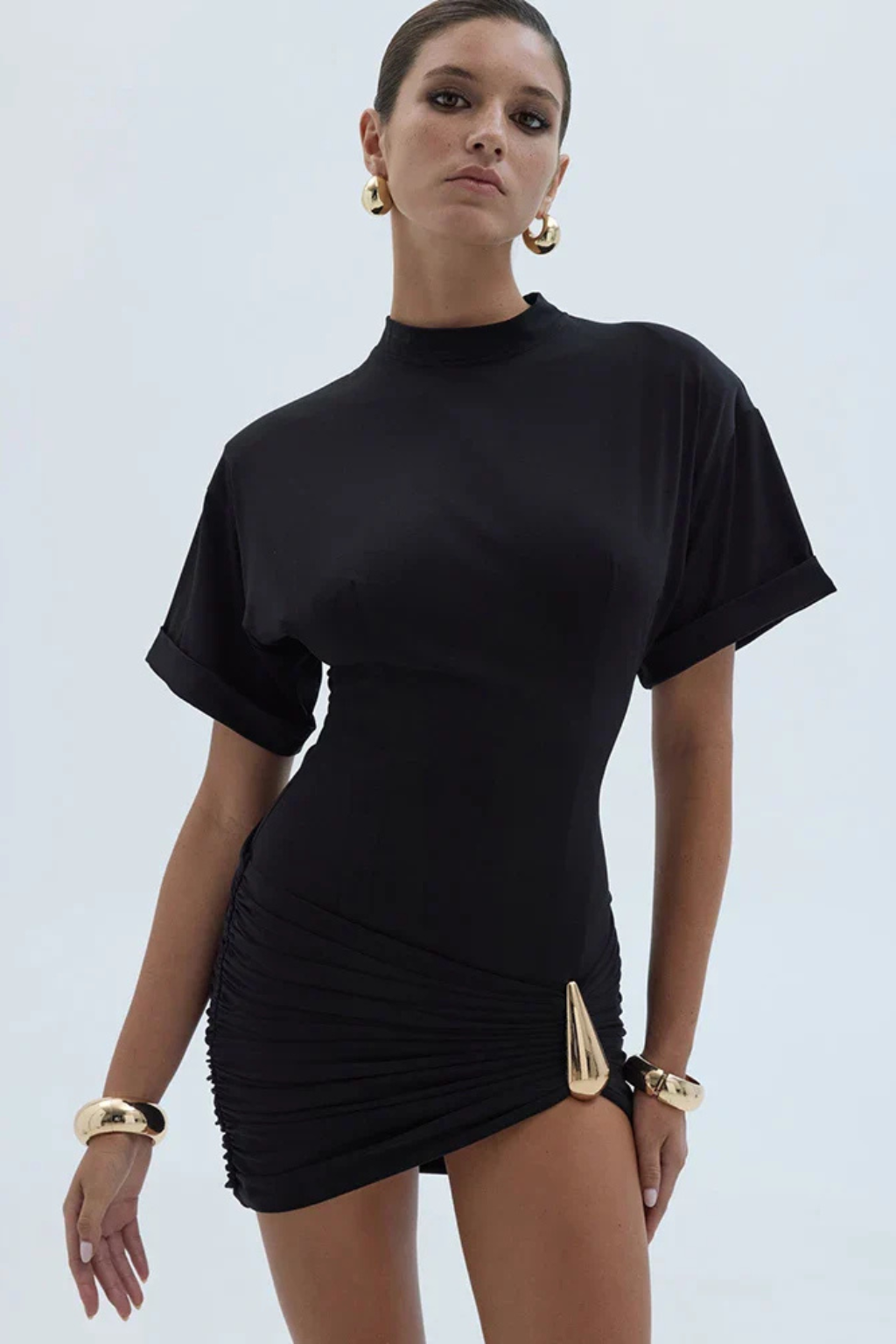 Women's Ruched Bodycon Mini Dress – High Neck Short Sleeve Party & Occasion Dress