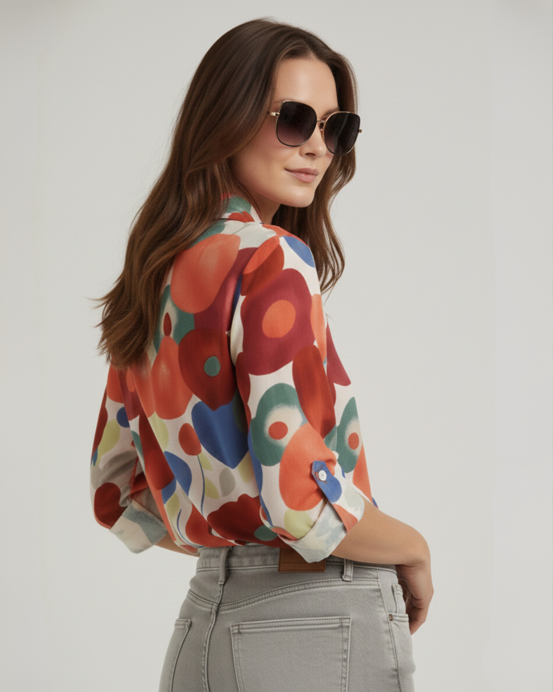 Women's Floral Print Button-Up Blouse – Long Sleeve Relaxed Shirt with Roll-Tab Sleeves