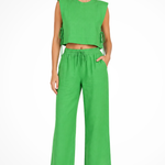 Women's Linen Two-Piece Set with Tie-Side Crop Top & Wide Leg Pants – Sleeveless Summer Co-Ord