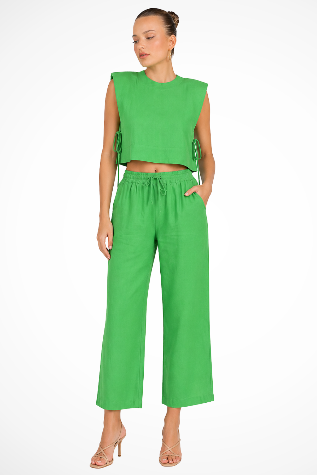 Women's Linen Two-Piece Set with Tie-Side Crop Top & Wide Leg Pants – Sleeveless Summer Co-Ord