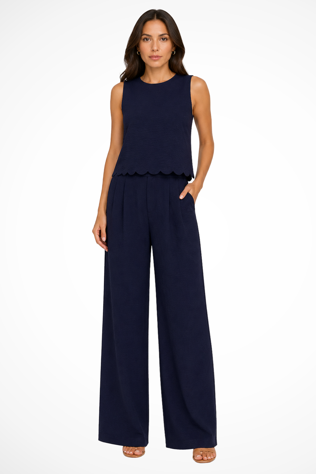 Women's Textured Scallop Hem Tie Back Top and Wide Leg Pants Set – Sleeveless Co-ord