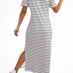 Women's Striped Midi Dress with Short Sleeves & Side Split – Casual Summer Day Dress