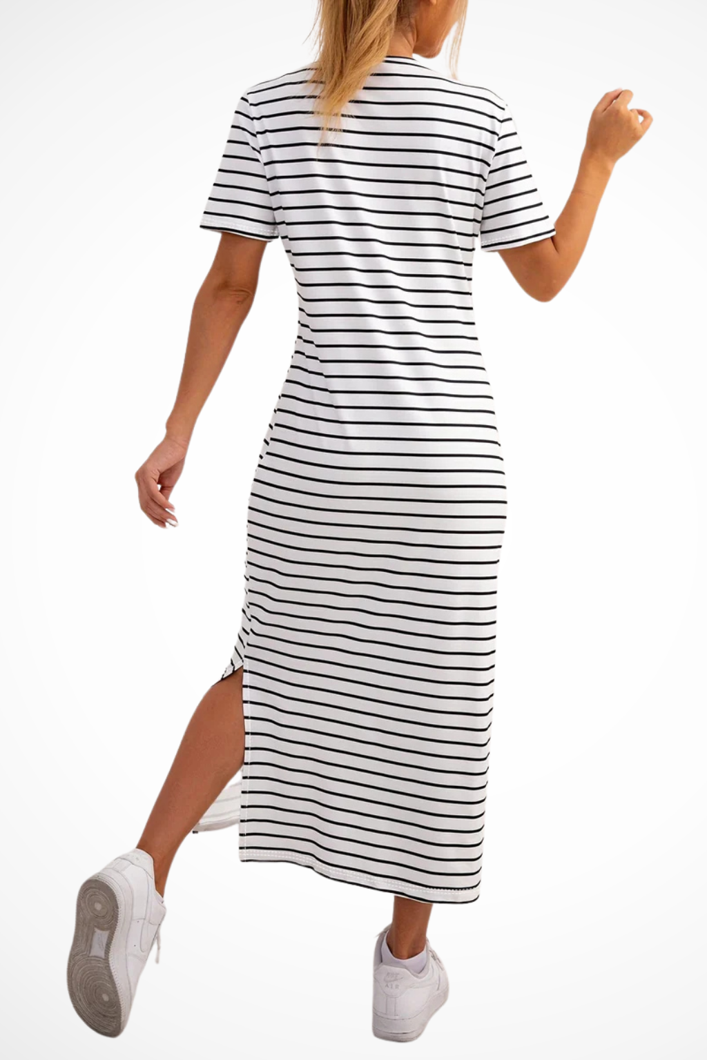 Women's Striped Midi Dress with Short Sleeves & Side Split – Casual Summer Day Dress