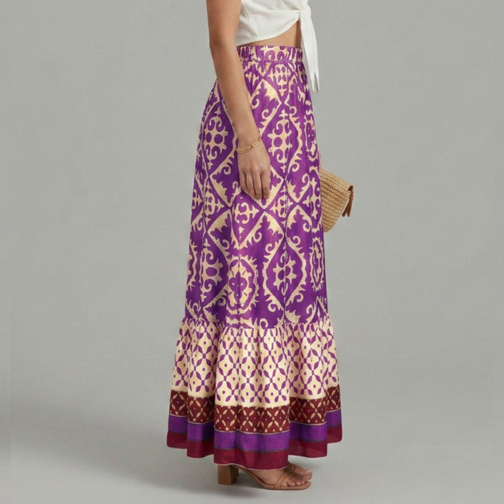 Women's Tiered Printed Maxi Skirt with Elastic High Waist – A-Line Spring Summer Skirt
