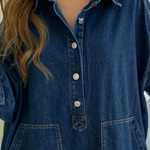 Women's Oversized Collared Denim Maxi Dress with Long Sleeves & Patch Pockets