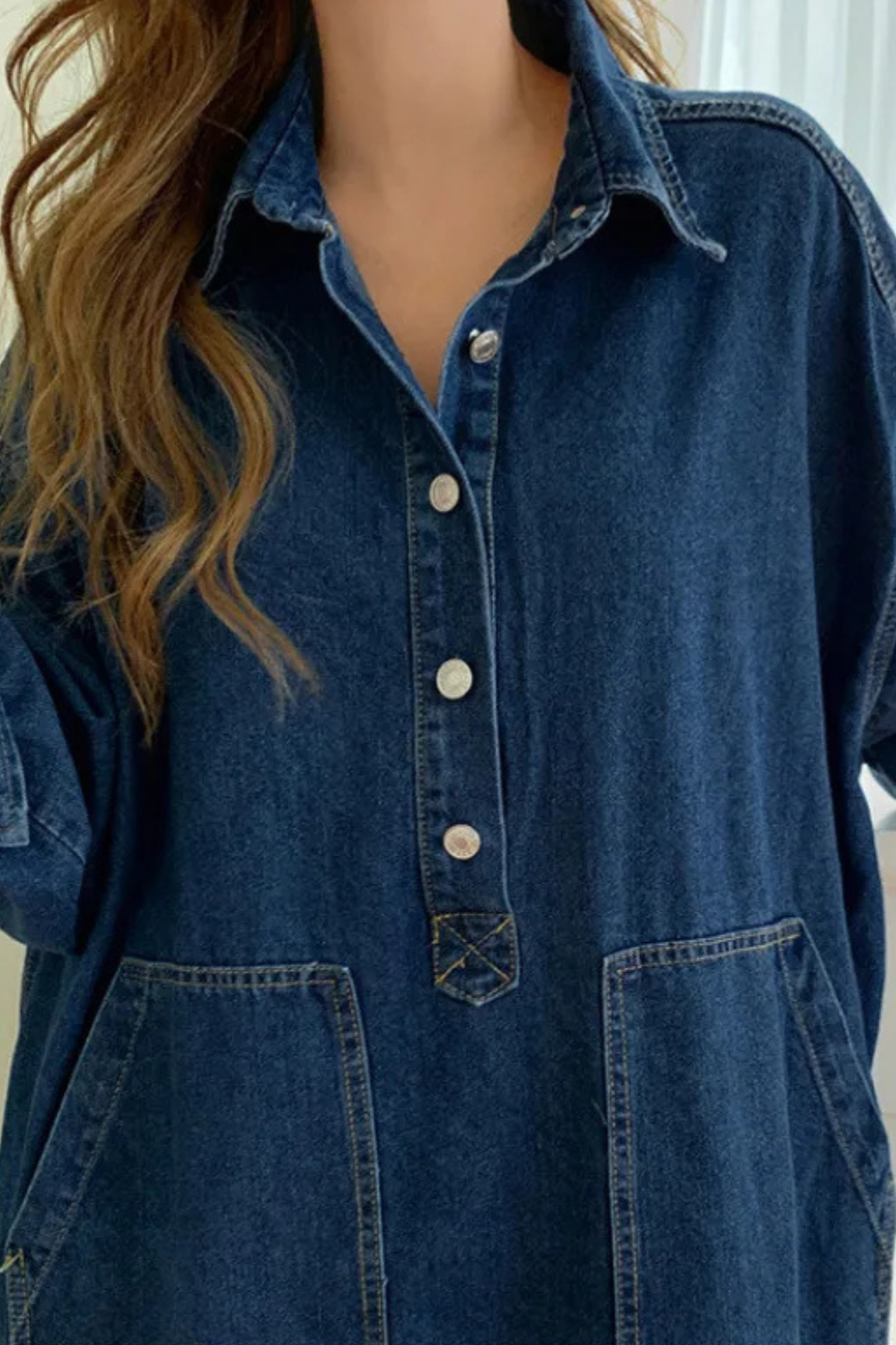Women's Oversized Collared Denim Maxi Dress with Long Sleeves & Patch Pockets