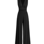 Women's Deep V-Neck Wide-Leg Jumpsuit – Fitted Waist Elegant Jumpsuit for Dinners & Parties
