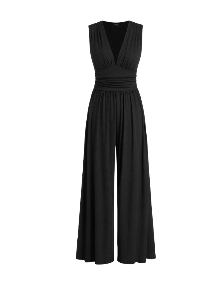 Women's Deep V-Neck Wide-Leg Jumpsuit – Fitted Waist Elegant Jumpsuit for Dinners & Parties