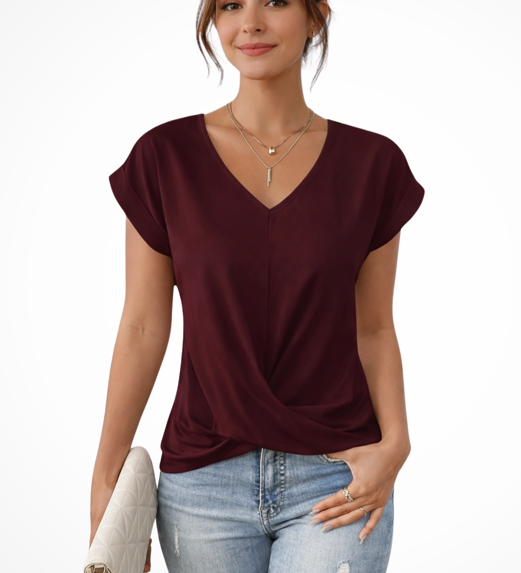 Women's V-Neck Twist Hem Top – Short Sleeve Going Out Top for Summer Evenings