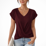 Women's V-Neck Twist Hem Top – Short Sleeve Going Out Top for Summer Evenings