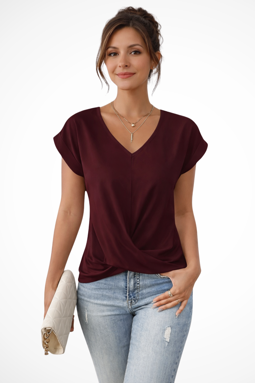 Women's V-Neck Twist Hem Top – Short Sleeve Going Out Top for Summer Evenings