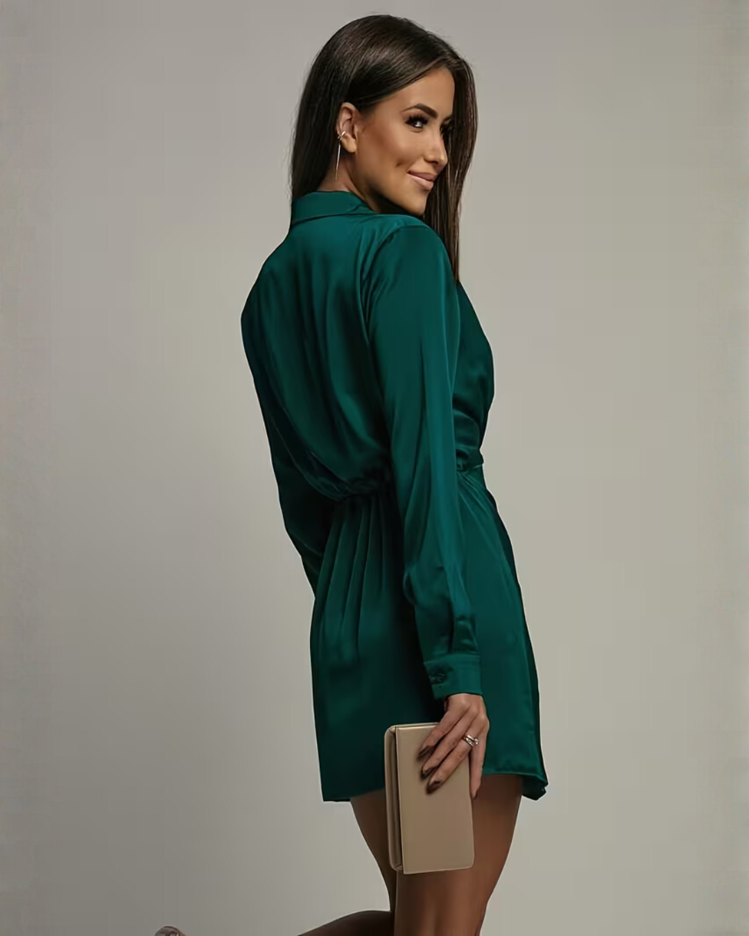Women's Long Sleeve Satin-Finish Wrap Mini Dress with Collar – Office to Evening Dress
