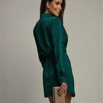Women's Long Sleeve Satin-Finish Wrap Mini Dress with Collar – Office to Evening Dress