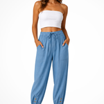 Women's Linen Cropped Pants with Drawstring Waist & Button Hem – Summer Pants for Holidays
