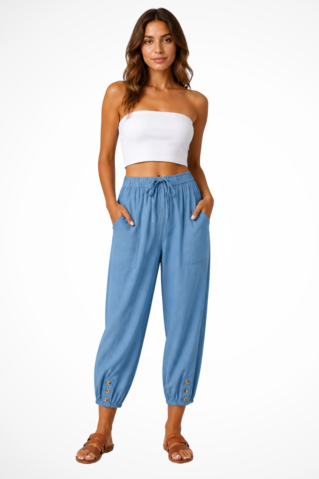 Women's Linen Cropped Pants with Drawstring Waist & Button Hem – Summer Pants for Holidays
