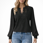 Women's Lace Applique V Neck Blouse with Balloon Sleeves – Dobby Chiffon Occasion Top