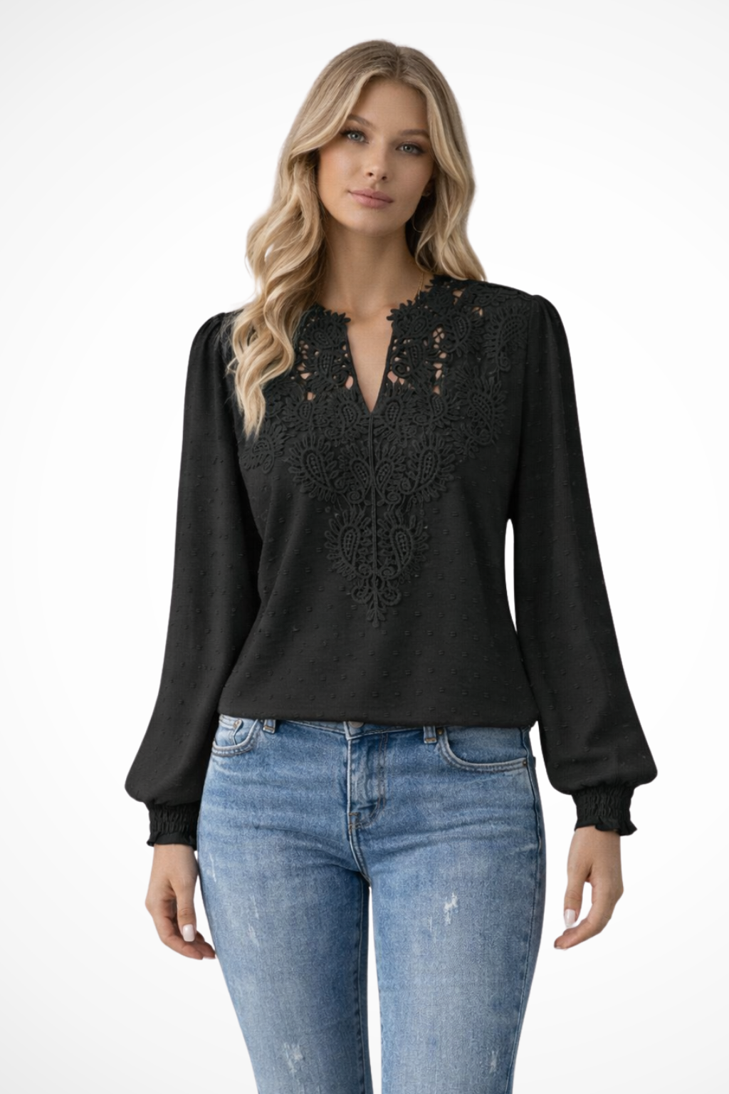 Women's Lace Applique V Neck Blouse with Balloon Sleeves – Dobby Chiffon Occasion Top