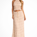 Women's Ruched Halter Crop Top and Maxi Skirt Set – Two-Piece Summer Co-Ord Outfit