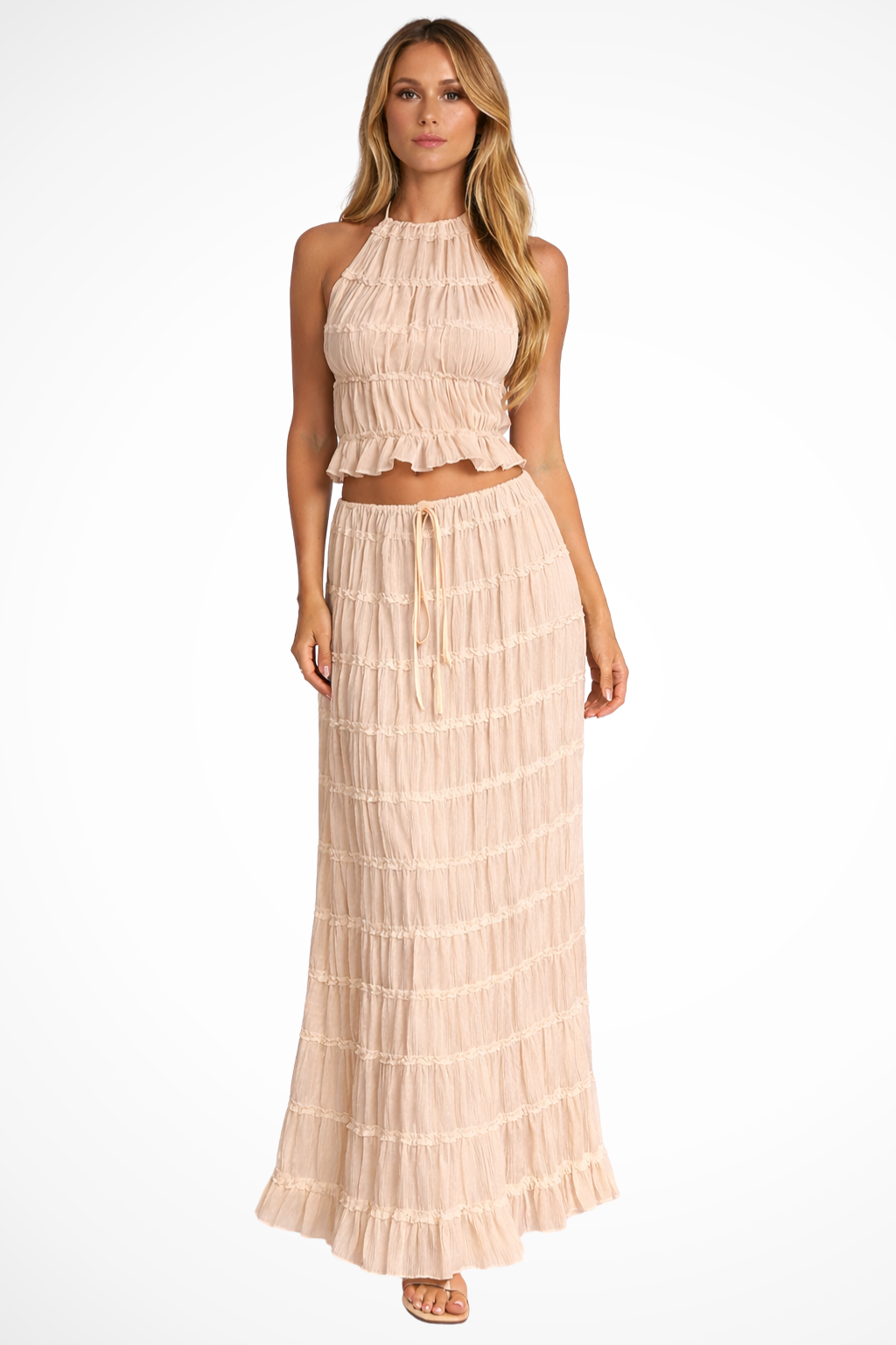 Women's Ruched Halter Crop Top and Maxi Skirt Set – Two-Piece Summer Co-Ord Outfit