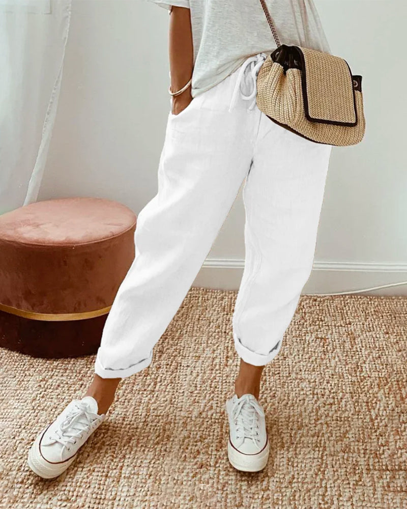 Women's Breathable Drawstring Pants with Slant Pockets – Tapered Leg Comfort Everyday Pants
