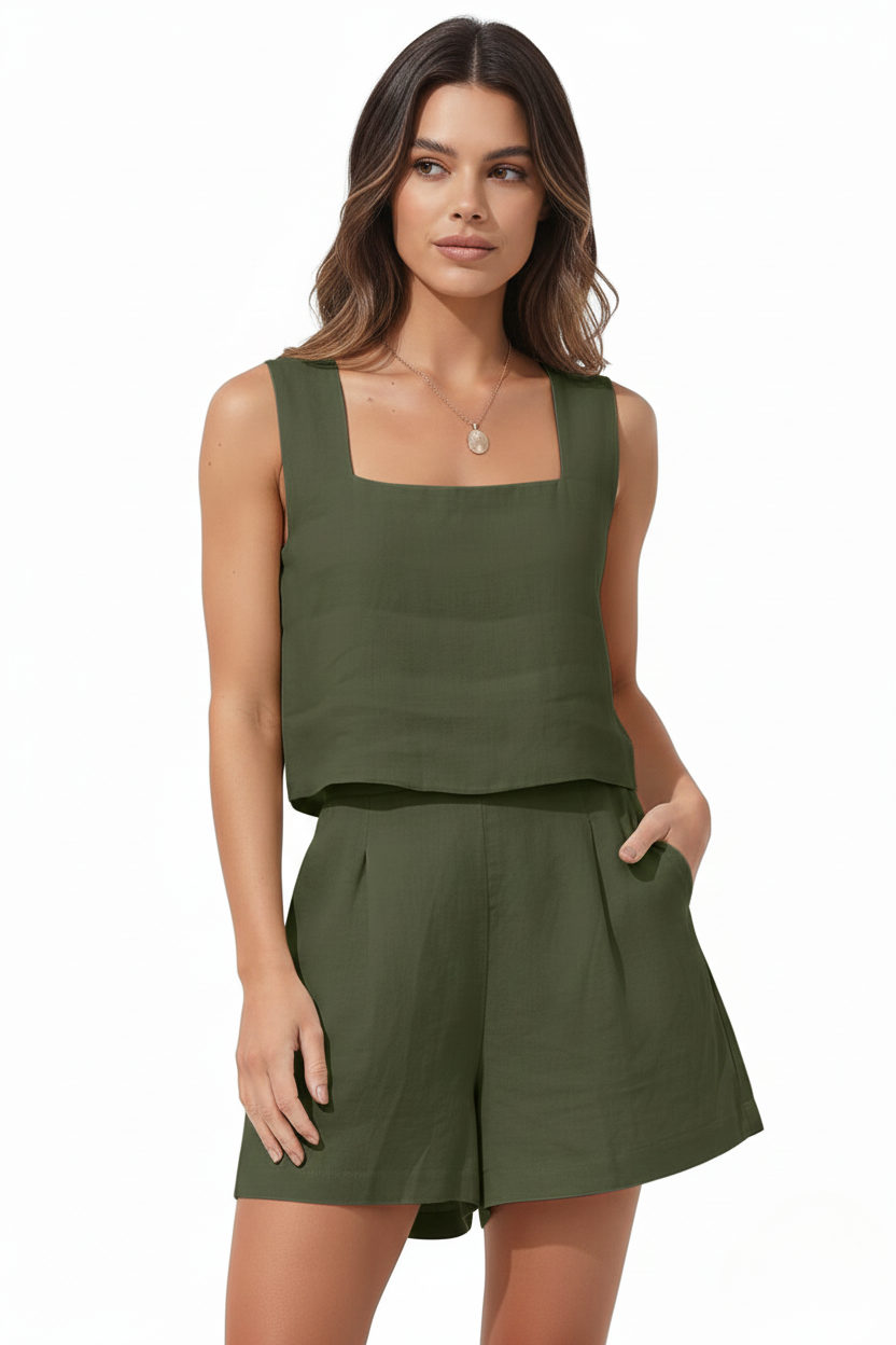 Women's Linen Cotton Blend Two-Piece Set with Square-Neck Top & Shorts – Summer Co-Ord