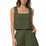 Women's Linen Cotton Blend Two-Piece Set with Square-Neck Top & Shorts – Summer Co-Ord