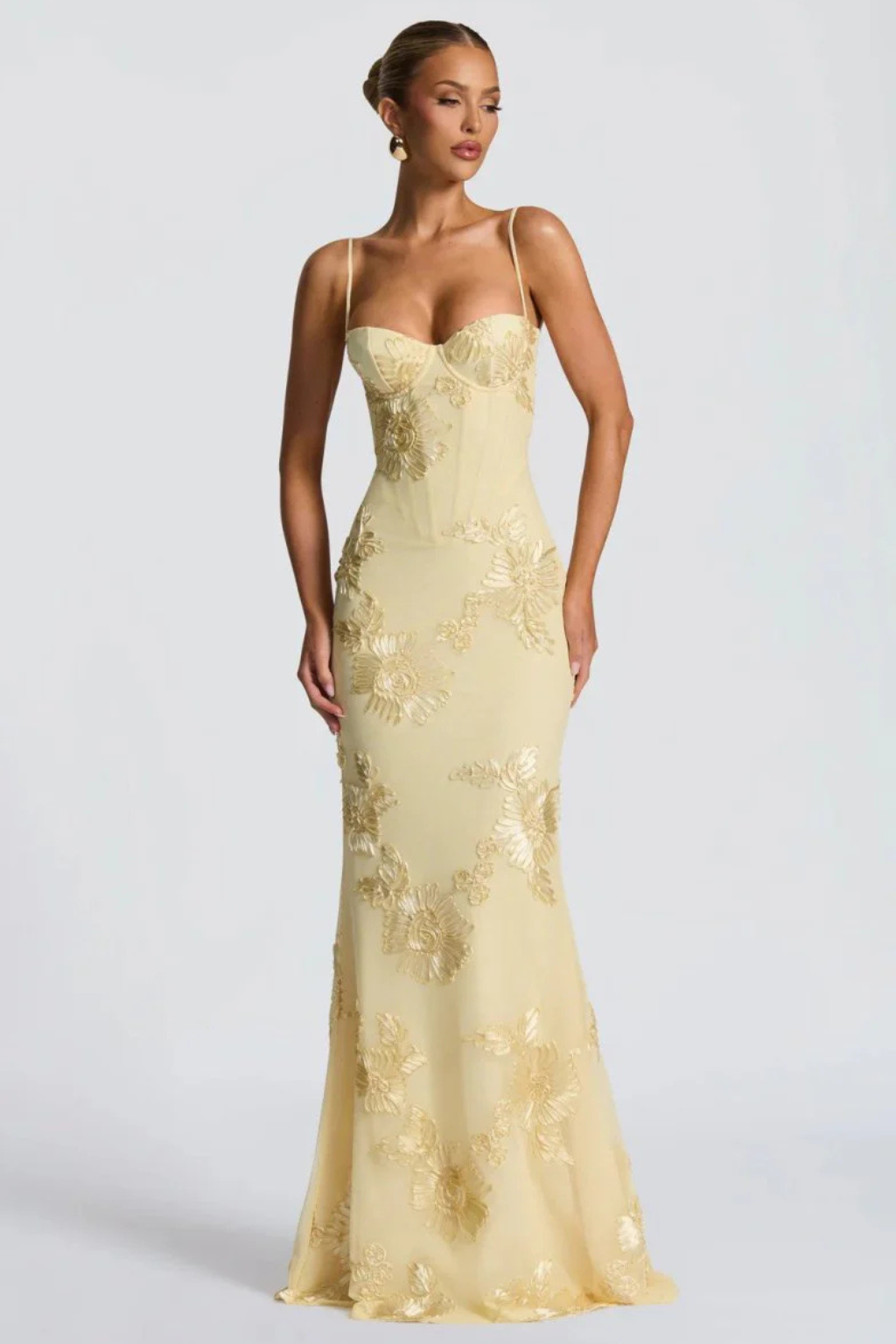 Women's Floral Embroidered Corset Maxi Dress with Cami Straps – Wedding Guest & Formal Dress