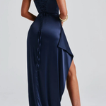 Women's Satin Spaghetti Strap Ruched Maxi Dress with High Slit – Formal & Wedding Guest